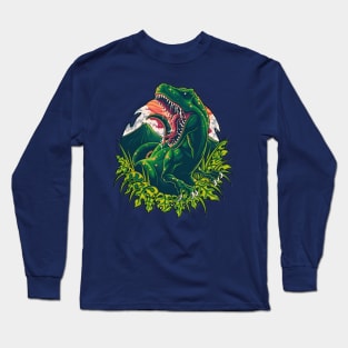 Savage Power: Roaring Dinosaur Emerging from the Grass Long Sleeve T-Shirt